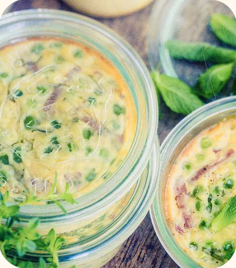 Clafoutis aux petits pois, menthe, ricotta et bacon